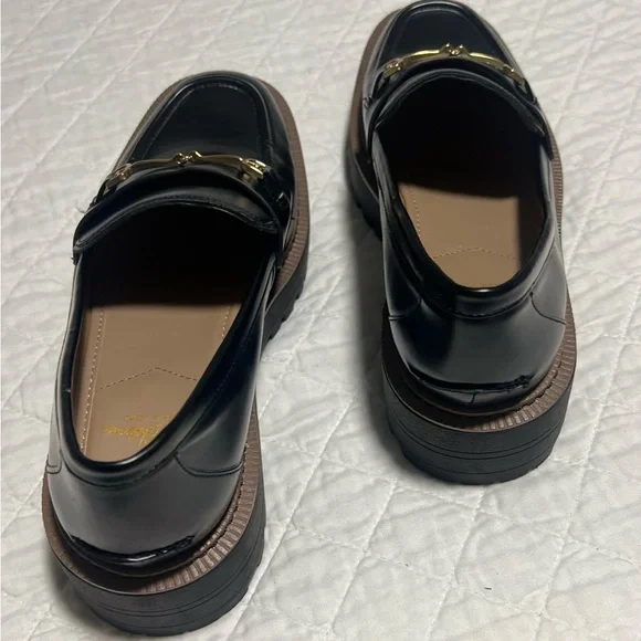 Sam Edelman Black Patent Laurs Lug Sole Loafers Gold Bit Buckle Platform - Picture 4 of 8